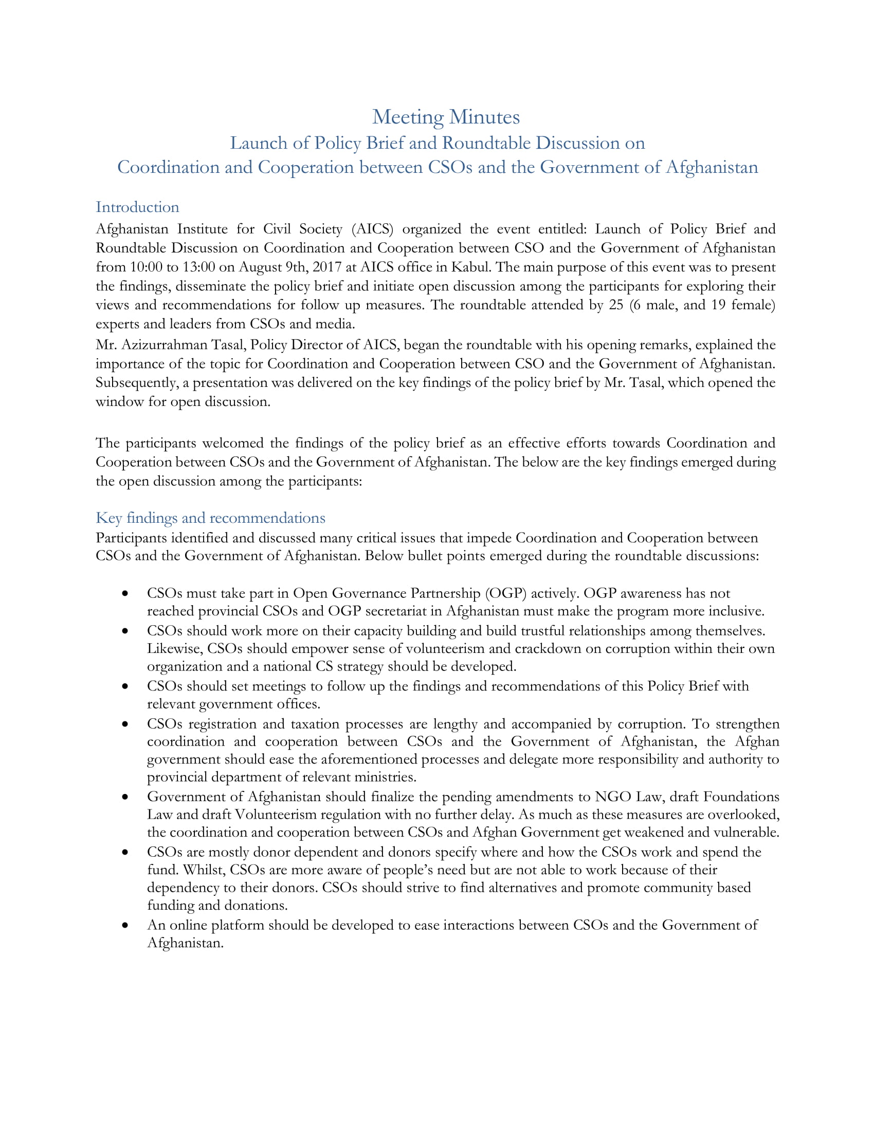 Launch of Policy Brief and Roundtable Discussion on Coordination and Cooperation between CSOs and the Government of Afghanistan 