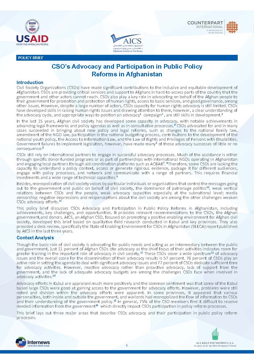 CSO's Advocacy and Participation in Public Policy Reforms in Afghanistan
