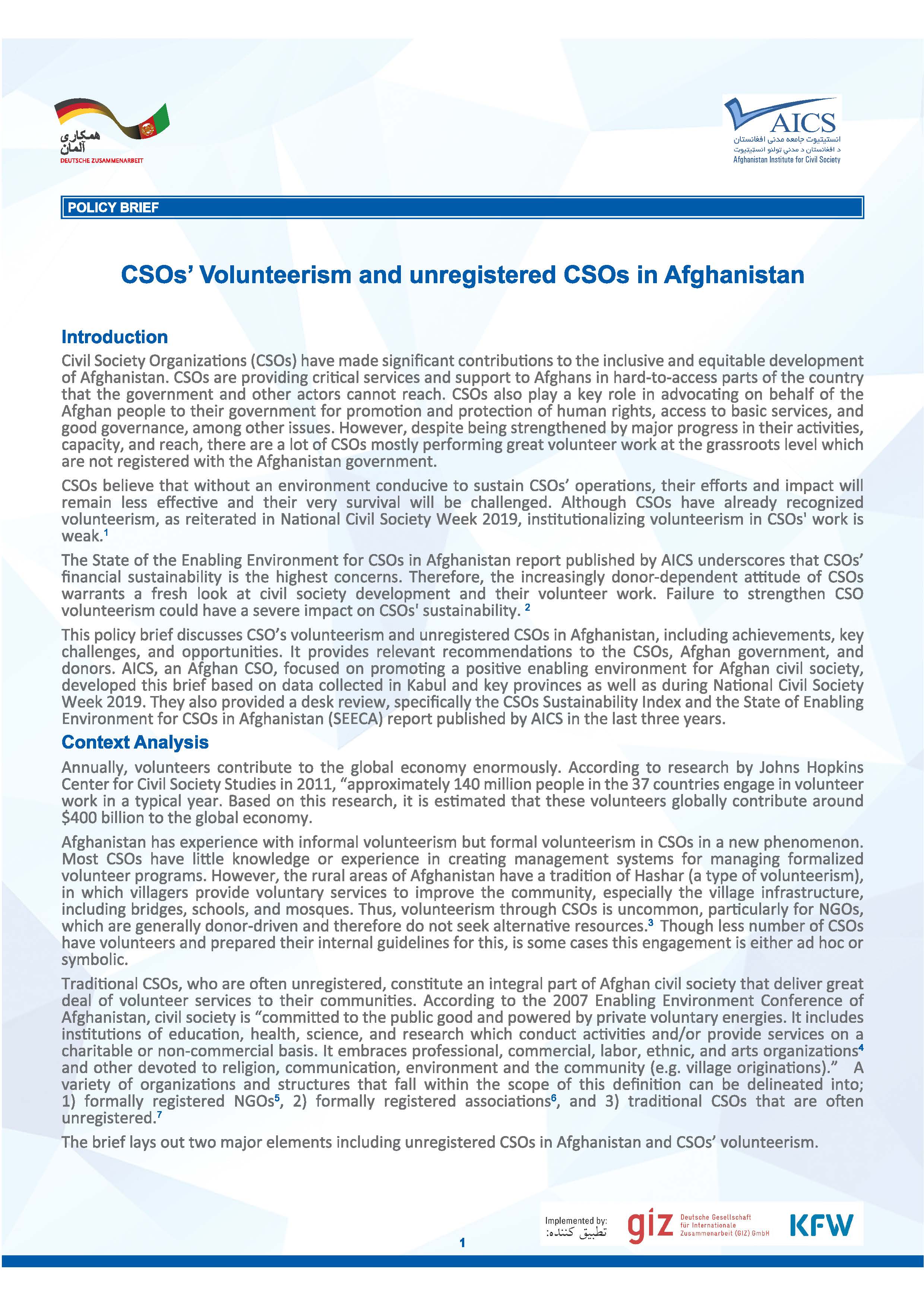 Policy Brief on CSOs’ Volunteerism and unregistered CSOs in Afghanistan